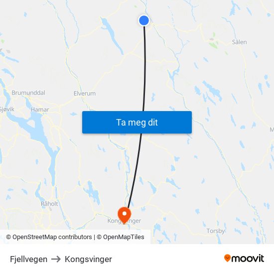 Fjellvegen to Kongsvinger map