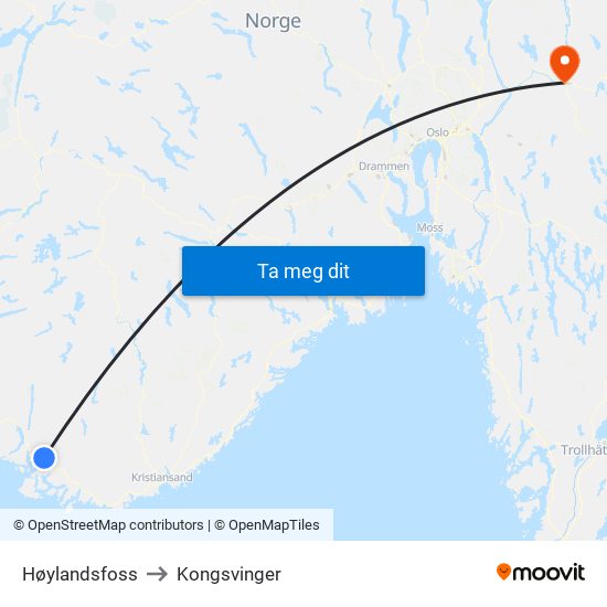 Høylandsfoss to Kongsvinger map