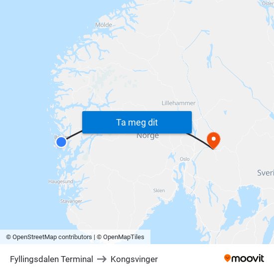 Fyllingsdalen Terminal to Kongsvinger map