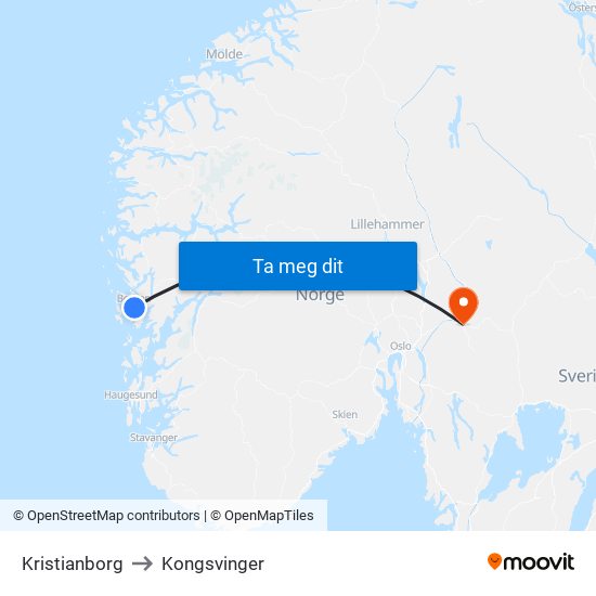 Kristianborg to Kongsvinger map