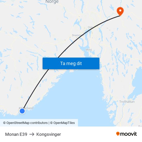 Monan E39 to Kongsvinger map