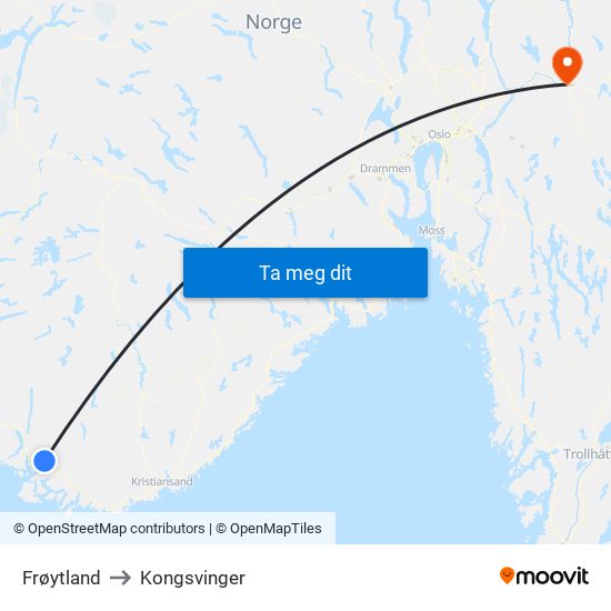 Frøytland to Kongsvinger map