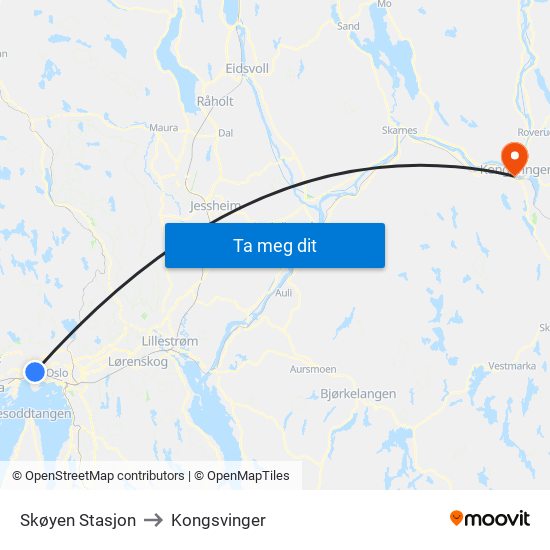 Skøyen Stasjon to Kongsvinger map