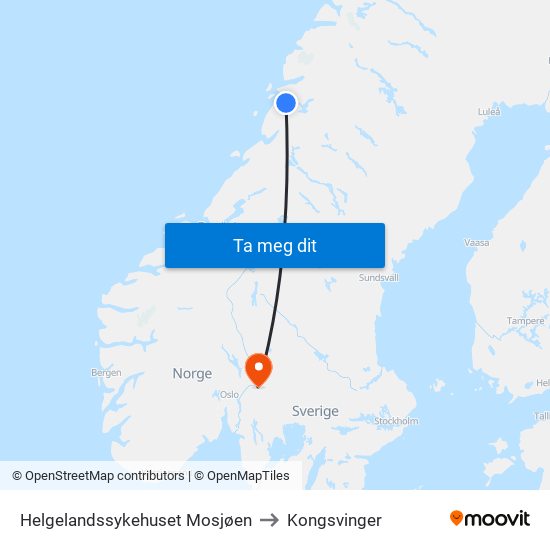 Helgelandssykehuset Mosjøen to Kongsvinger map