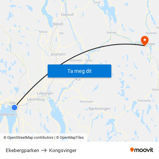 Ekebergparken to Kongsvinger map