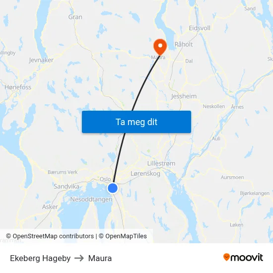 Ekeberg Hageby to Maura map