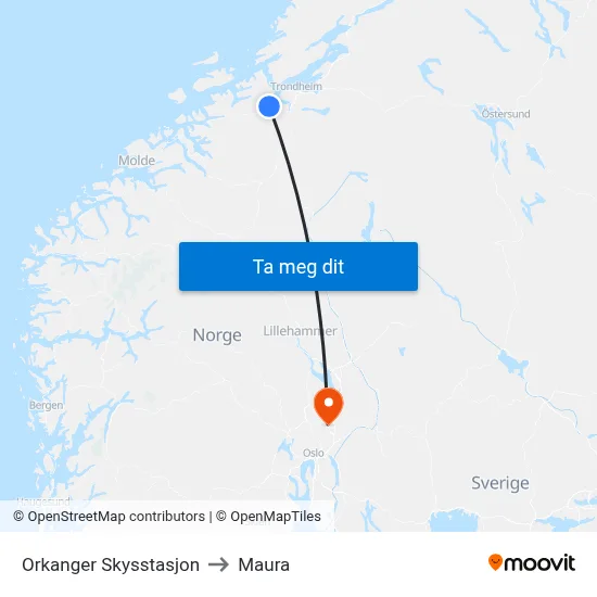 Orkanger Skysstasjon to Maura map