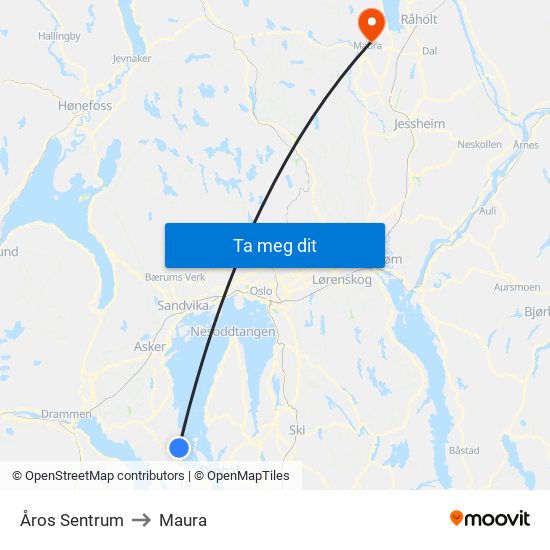 Åros Sentrum to Maura map