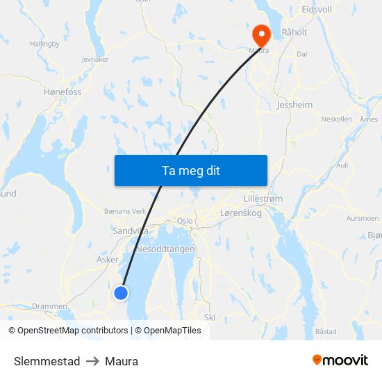 Slemmestad to Maura map