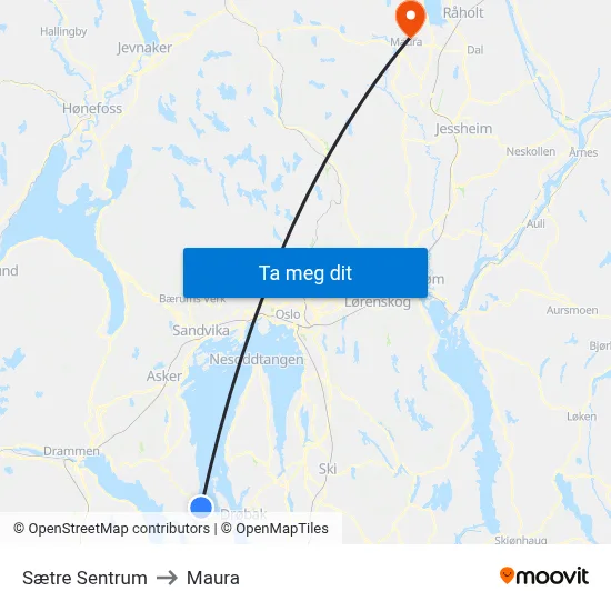 Sætre Sentrum to Maura map
