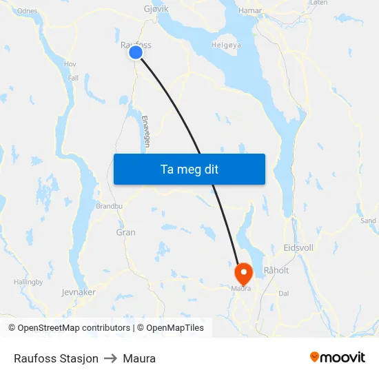 Raufoss Stasjon to Maura map