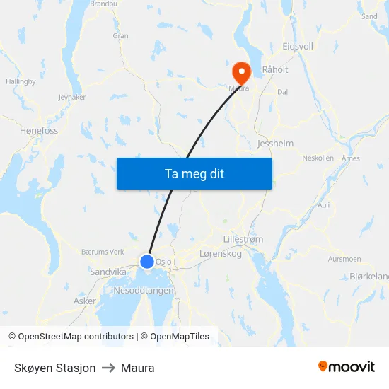 Skøyen Stasjon to Maura map