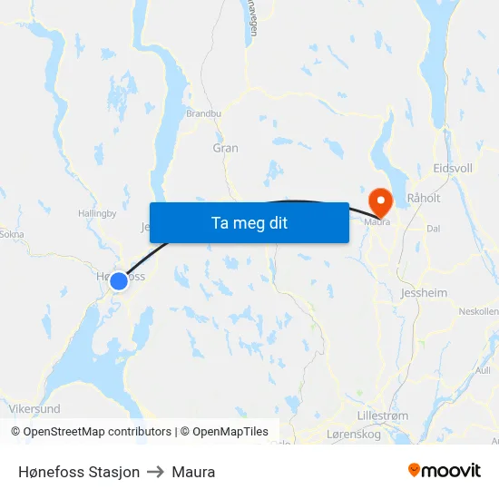 Hønefoss Stasjon to Maura map