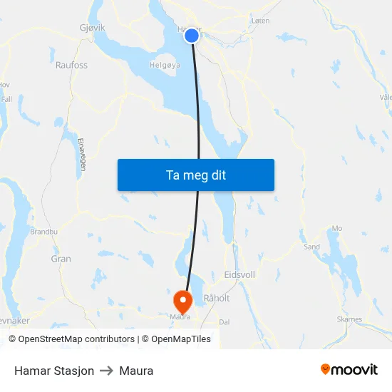 Hamar Stasjon to Maura map