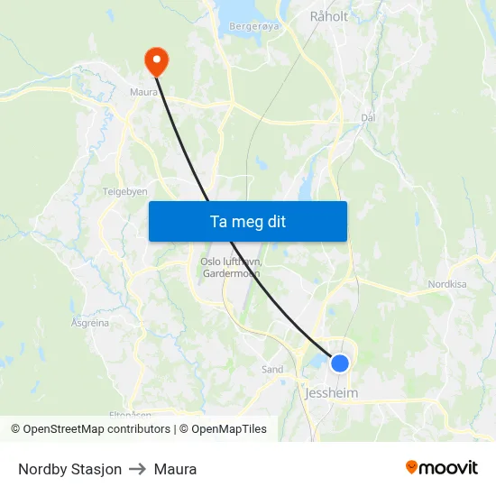 Nordby Stasjon to Maura map
