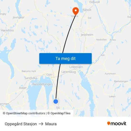 Oppegård Stasjon to Maura map