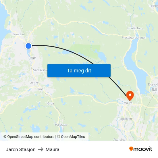 Jaren Stasjon to Maura map
