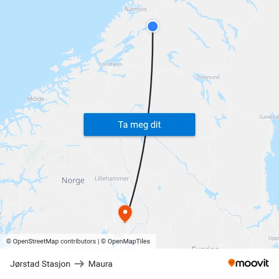 Jørstad Stasjon to Maura map