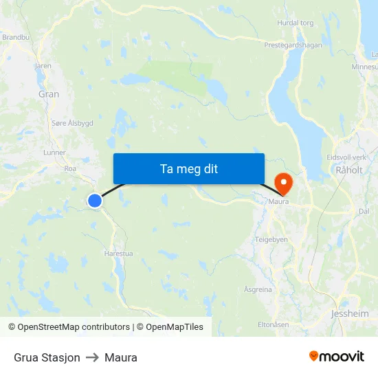 Grua Stasjon to Maura map