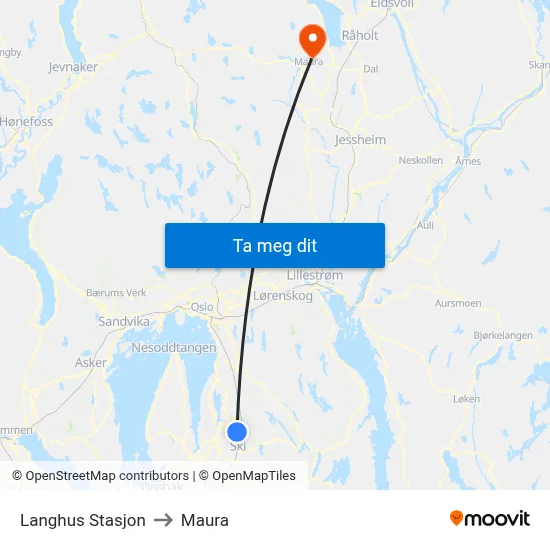Langhus Stasjon to Maura map