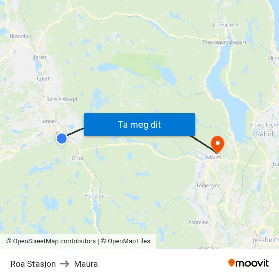 Roa Stasjon to Maura map