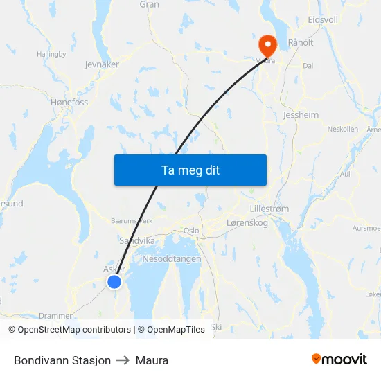 Bondivann Stasjon to Maura map