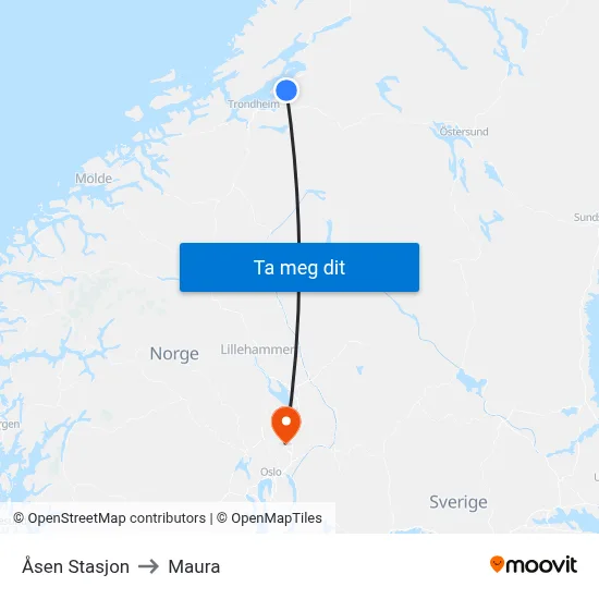 Åsen Stasjon to Maura map