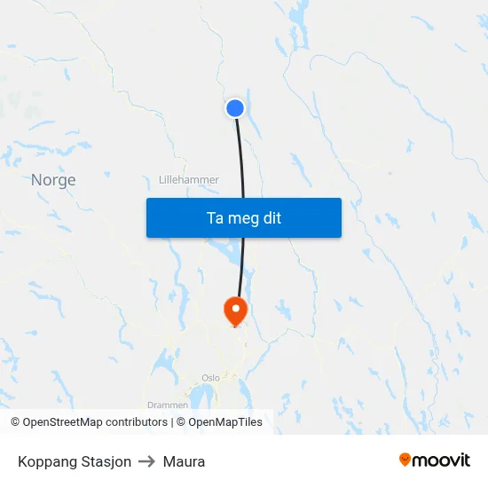 Koppang Stasjon to Maura map