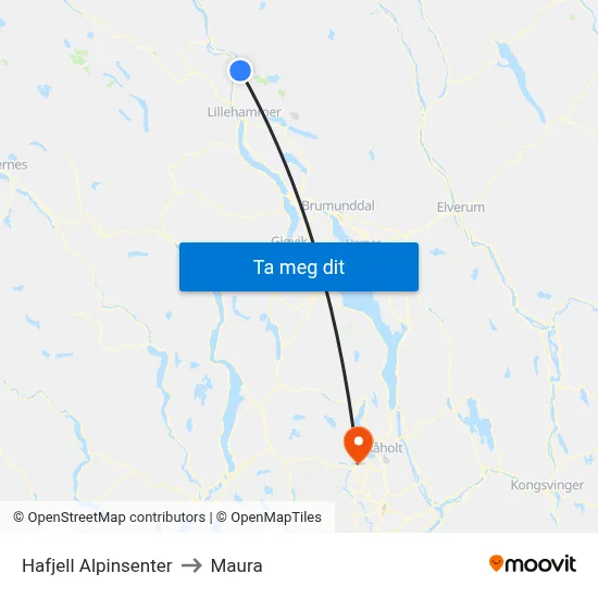 Hafjell Alpinsenter to Maura map