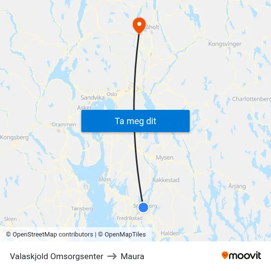 Valaskjold Omsorgsenter to Maura map