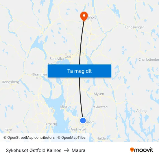 Sykehuset Østfold Kalnes to Maura map