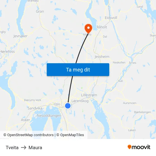 Tveita to Maura map
