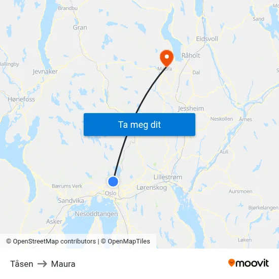 Tåsen to Maura map