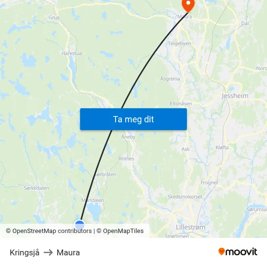 Kringsjå to Maura map