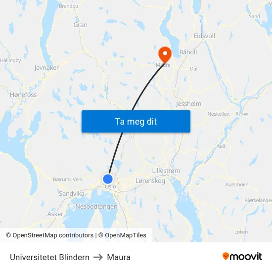 Universitetet Blindern to Maura map