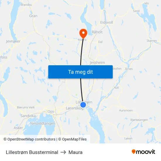 Lillestrøm Bussterminal to Maura map