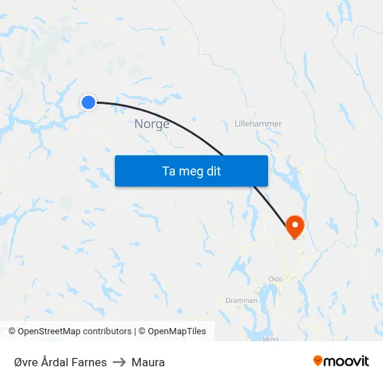Øvre Årdal Farnes to Maura map