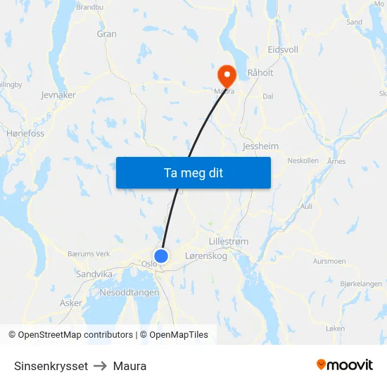 Sinsenkrysset to Maura map