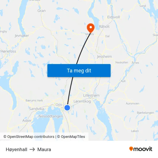 Høyenhall to Maura map