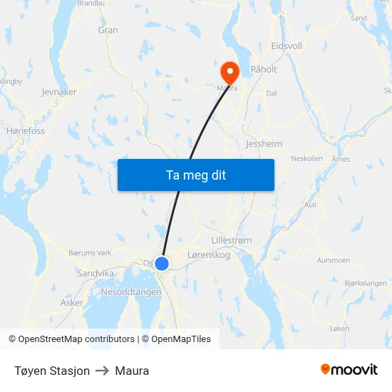 Tøyen Stasjon to Maura map