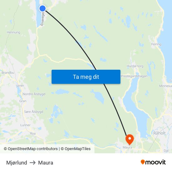 Mjørlund to Maura map