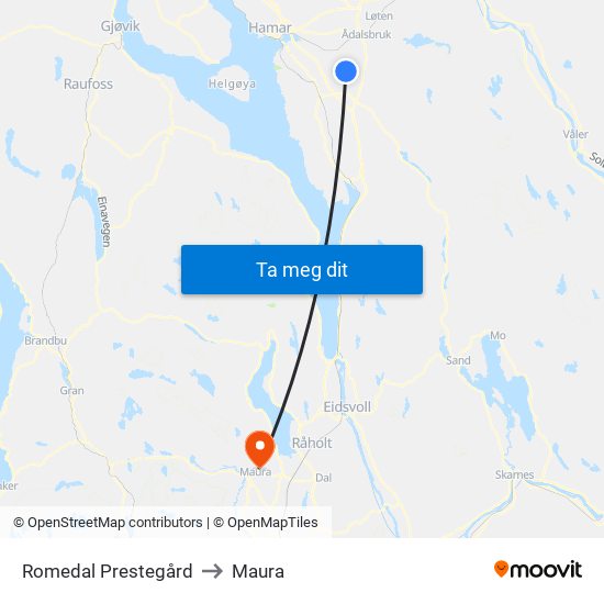 Romedal Prestegård to Maura map