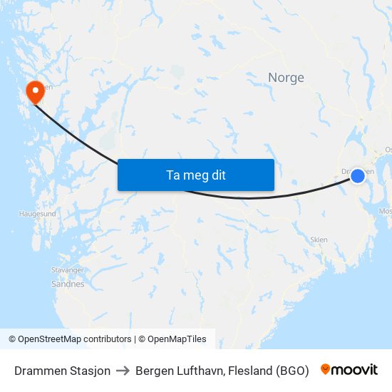 Drammen Stasjon to Bergen Lufthavn, Flesland (BGO) map