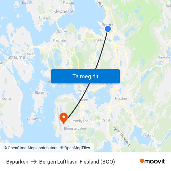 Byparken to Bergen Lufthavn, Flesland (BGO) map