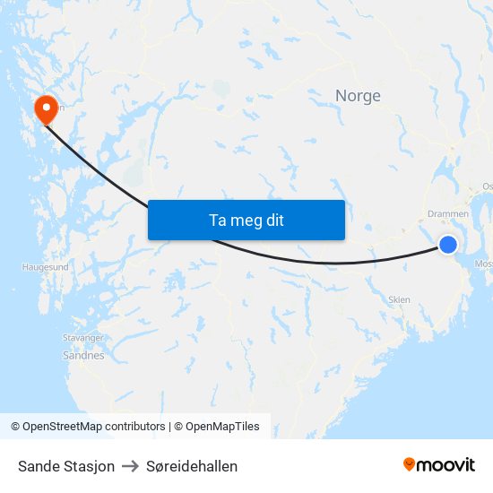 Sande Stasjon to Søreidehallen map