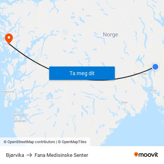 Bjørvika to Fana Medisinske Senter map