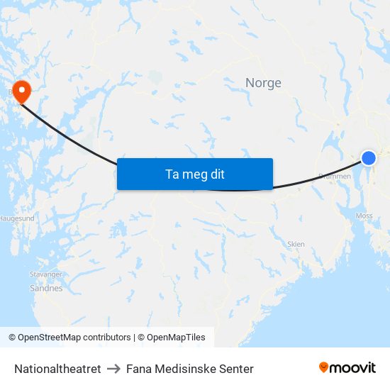 Nationaltheatret to Fana Medisinske Senter map