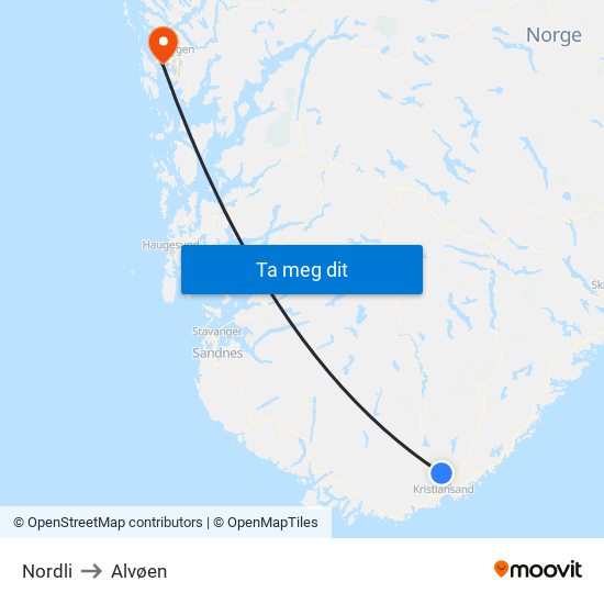 Nordli to Alvøen map