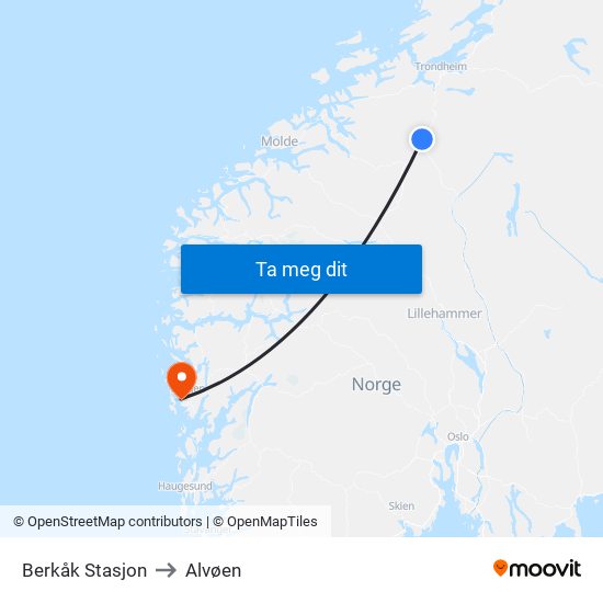 Berkåk Stasjon to Alvøen map