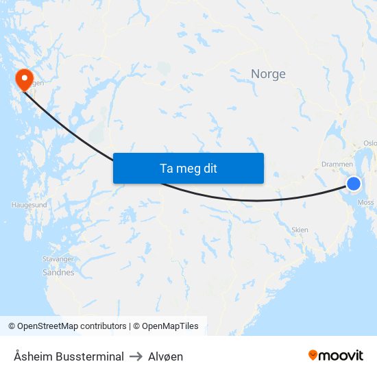 Åsheim Bussterminal to Alvøen map